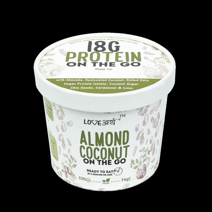 LoveArth Almond Coconut 18g Protein Oats cup, real product photo