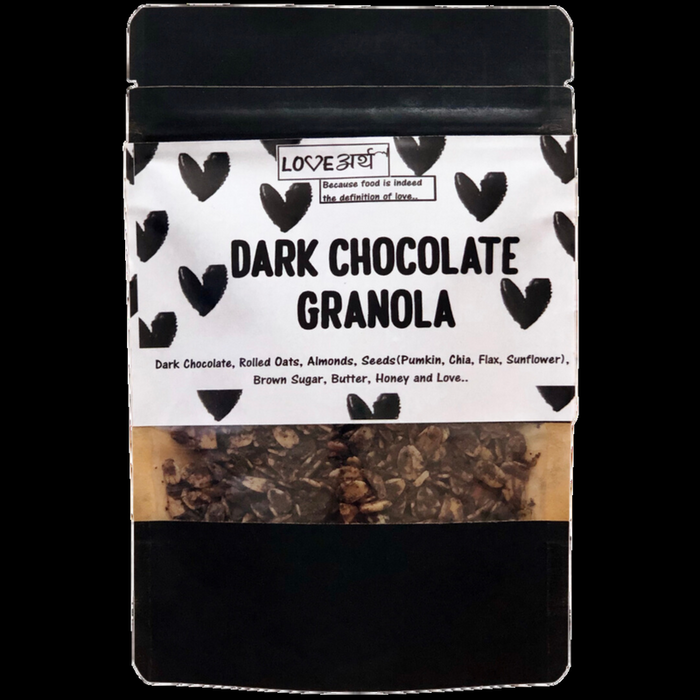 LoveArth Dark Chocolate Granola pouch with hand-drawn heart print, real packaging photo